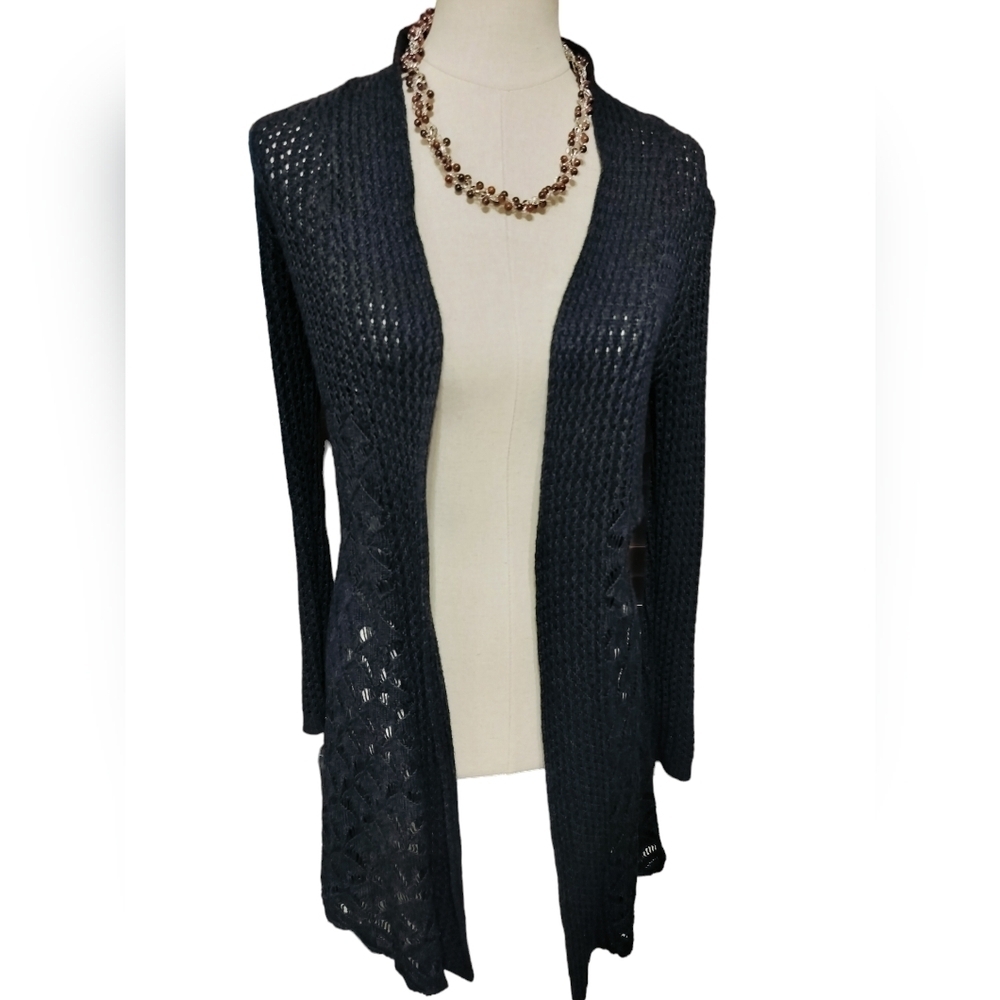 2718) Belldini Black Crocheted Open Front Long Cardigan Size Small - Picture 2 of 10